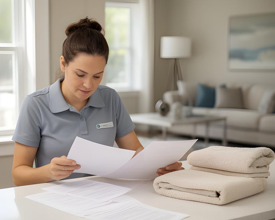 Cleaning professional reviewing privacy paperwork in a bright home office beside neatly folded towels