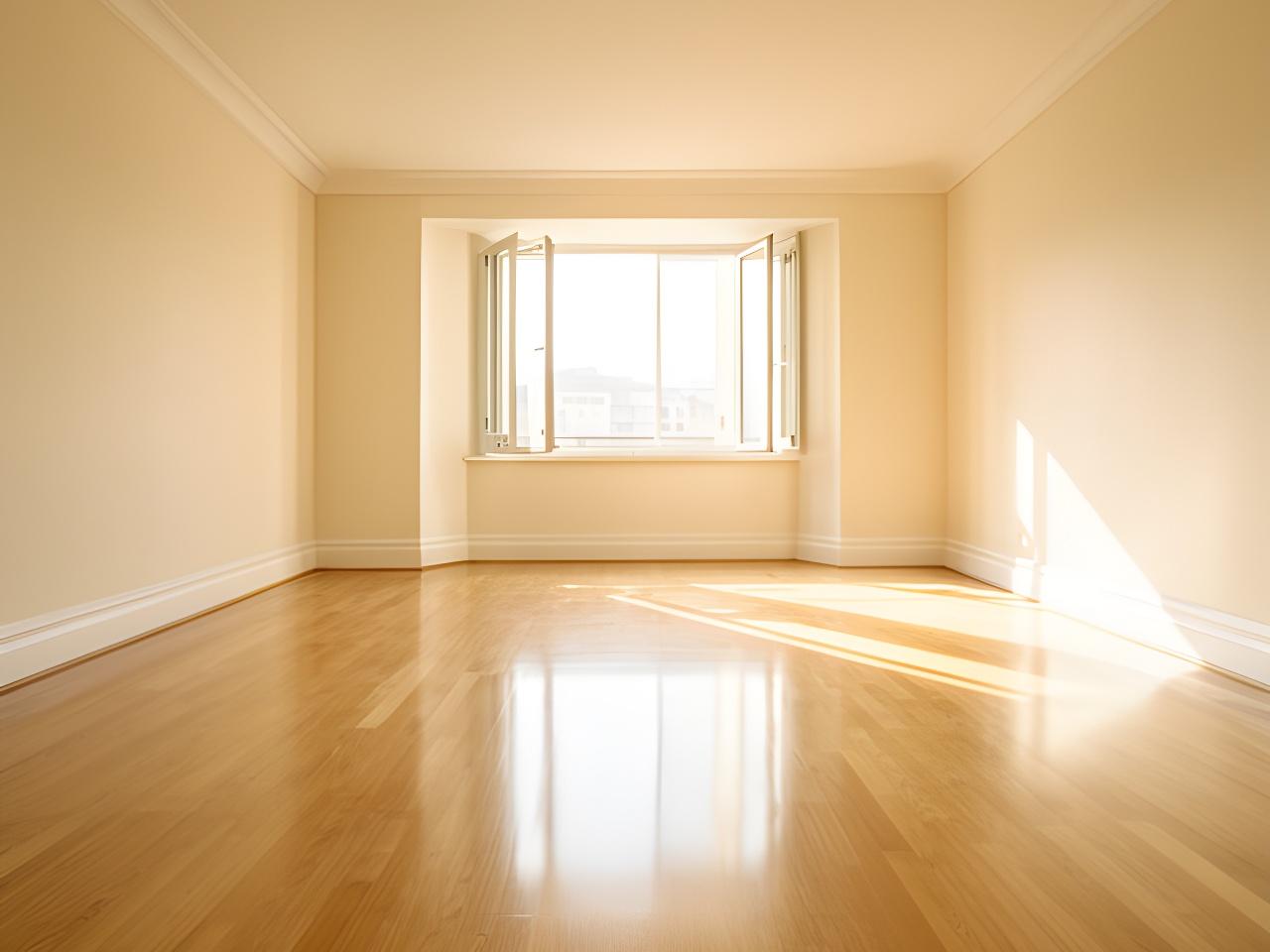 Freshly cleaned empty living room with sunlight on polished floors and open windows