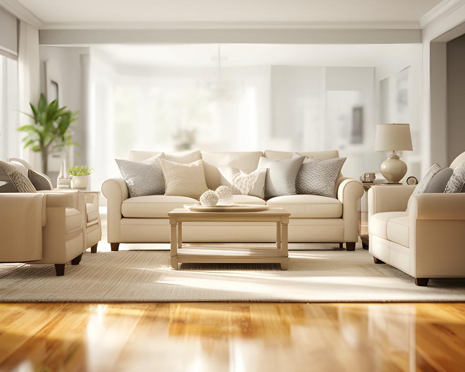 Bright living room with freshly cleaned sofa, polished floors, and sunlight across a tidy Royal Palm Beach home