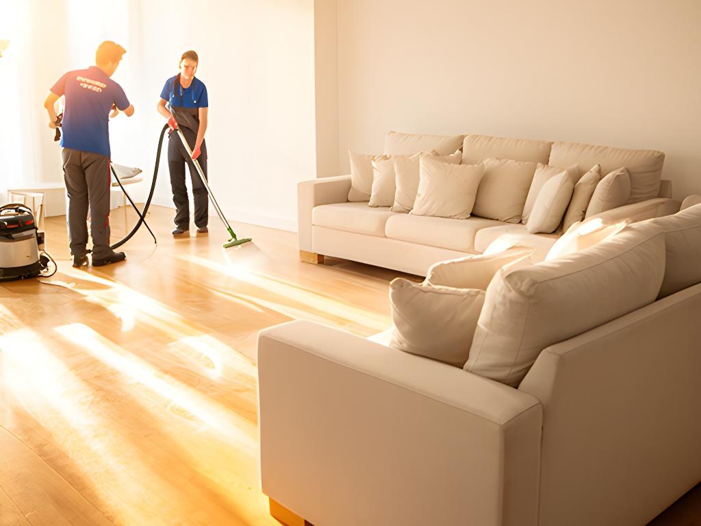 Cleaning team preparing a bright living room in a Royal Palm Beach home with neatly arranged cushions and sunlight across the floor
